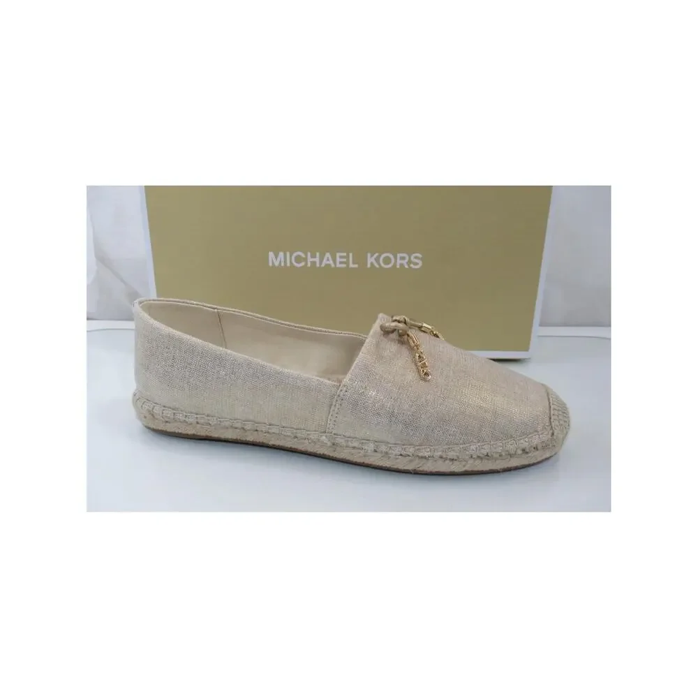 Michael Kors Nori Slip On Size 7 Espadrille MK Logo Metallic Linen Pale Gold